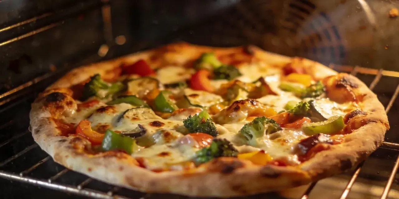 Pizza z warzywami pieczona w piekarniku, z chrupiącym spodem i roztopionym serem.