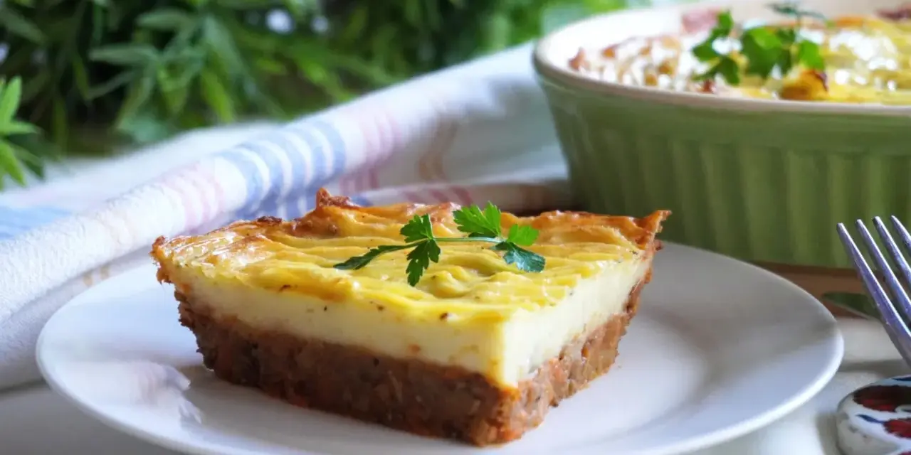 Wegańska zapiekanka pasterska z ziemniaczanym puree i warzywnym farszem, udekorowana natką pietruszki.