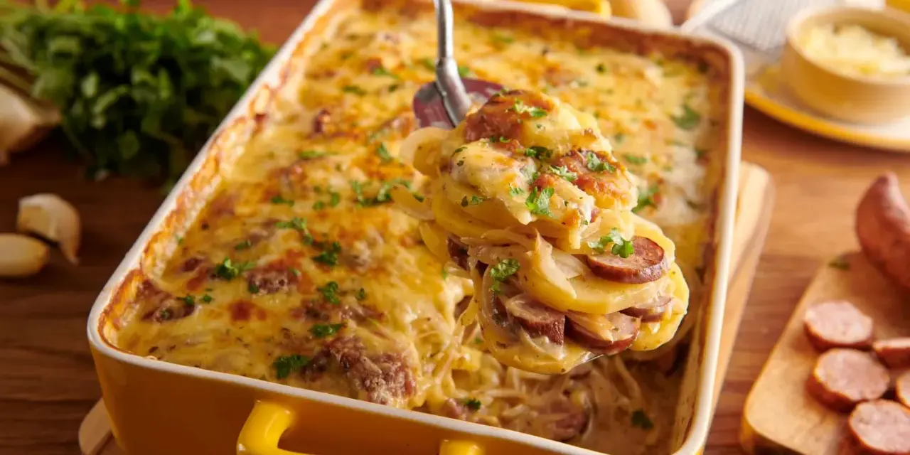 Zapiekanka ziemniaczana z kiełbasą, polana serem i posypana natką pietruszki.