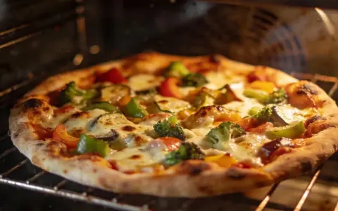 Pizza z warzywami pieczona w piekarniku, z chrupiącym spodem i roztopionym serem.
