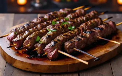 Grillowane szaszłyki z wołowiny na drewnianej desce, ozdobione natką pietruszki.