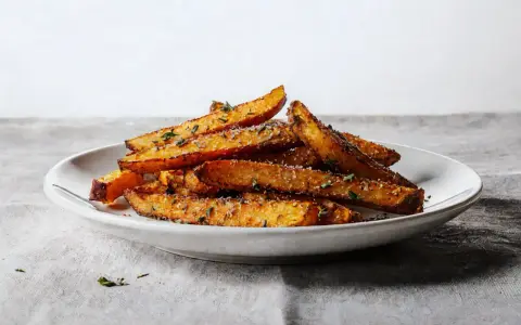 Chrupiące frytki z dyni posypane ziołami i parmezanem na białym talerzu.