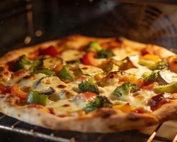 Pizza z warzywami pieczona w piekarniku, z chrupiącym spodem i roztopionym serem.