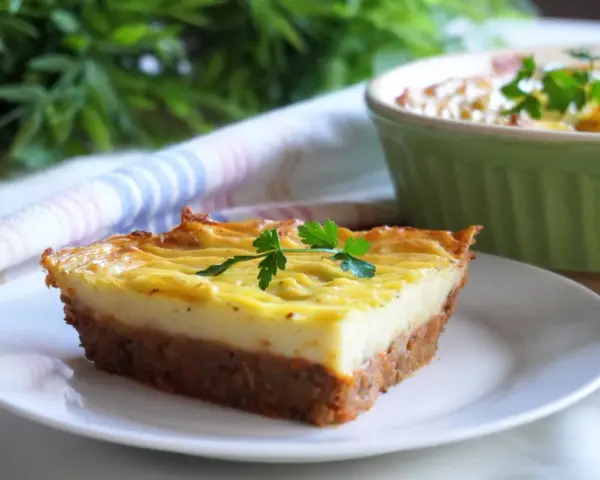 Wegańska zapiekanka pasterska z ziemniaczanym puree i warzywnym farszem, udekorowana natką pietruszki.