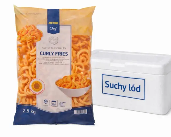 Torba z zakręconymi frytkami i białe pudełko z napisem "Suchy lód".
