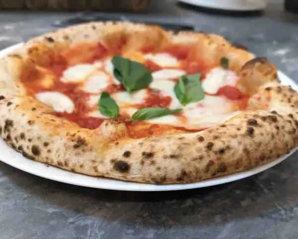 Pizza Margherita na białym talerzu, z widocznym puszystym brzegiem i świeżą bazylią.