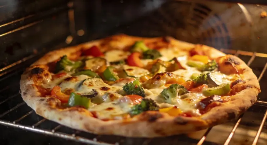 Pizza z warzywami pieczona w piekarniku, z chrupiącym spodem i roztopionym serem.
