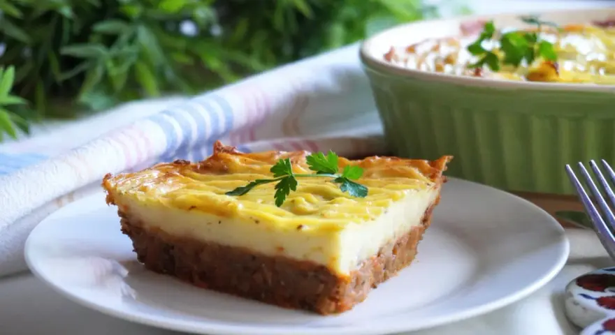 Wegańska zapiekanka pasterska z ziemniaczanym puree i warzywnym farszem, udekorowana natką pietruszki.