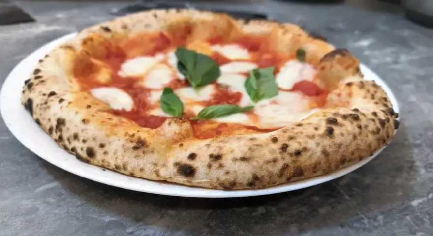 Pizza Margherita na białym talerzu, z widocznym puszystym brzegiem i świeżą bazylią.