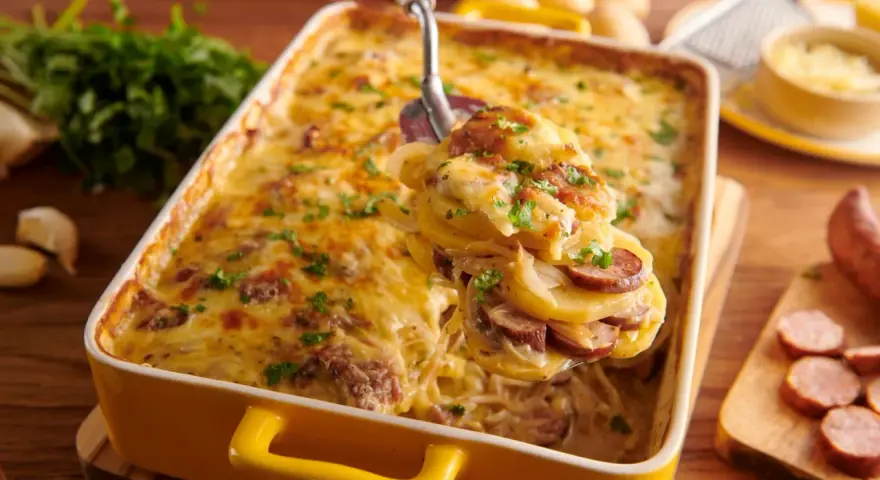 Zapiekanka ziemniaczana z kiełbasą, polana serem i posypana natką pietruszki.