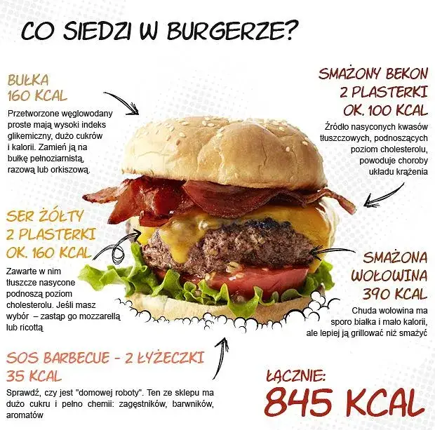 składniki burgera infografika kalorie